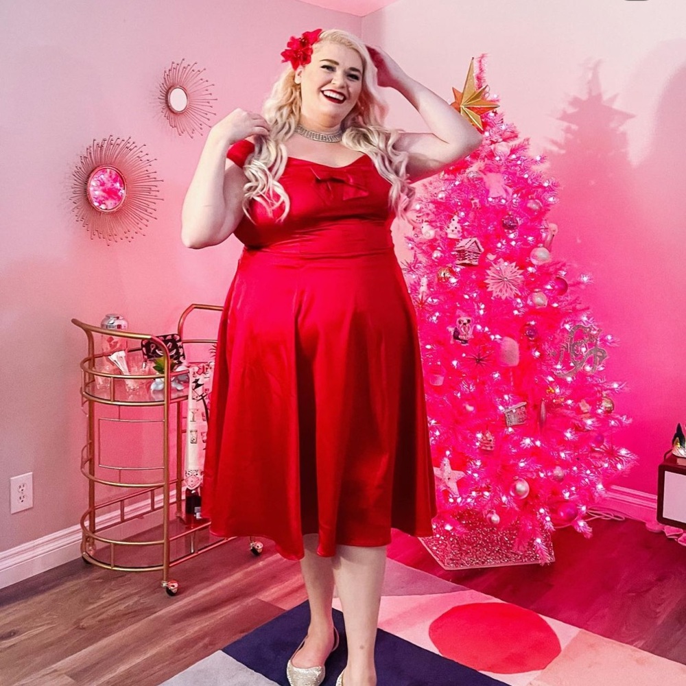 Collectif / Modcloth - Red Satin Dress with Bow detail - Size IS 22/UK 26